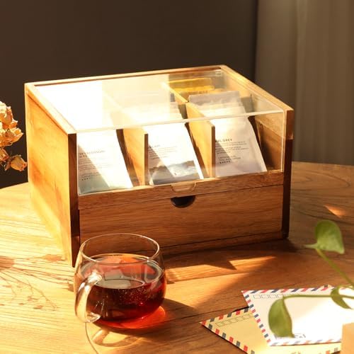 Acacia Wood Tea Organizer 2 Tier with Drawer,Large Capacity