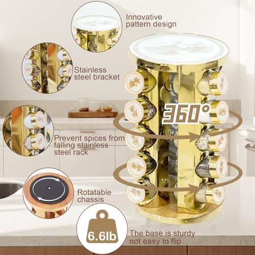 360-Rotating Kitchen countertop Stainless Steel Spice Rack, Apricot Leaf Appearance Pattern, Equipped with 20 Food Grade Glass cans (Gold + White, Five Floors of 20 Spice cans)