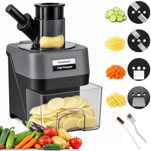 4-in-1 Electric Vegetable Chopper Commercial Food Processor, Heavy Duty Veggie Dicer Slicer Shredder Crinkle Cut with Dual Feed Chutes, 100W Motor Stainless Steel Blades for Potato Onion Carrot by OKYUK