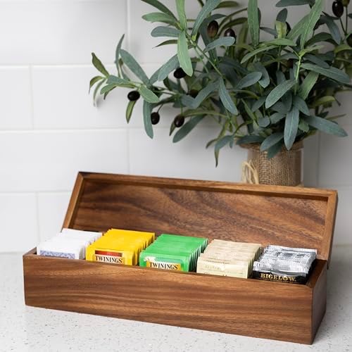 Large 5 Compartment Tea Box, Acacia Wood Tea Bag Organizer With Lid