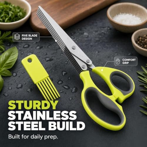 Multipurpose 5 Blade Herb Scissors with Cleaning Comb,Kitchen Herb Shears Herb Cutter with Cover and Cleaning Comb for Chopping Basil Chive Parsley Cool Kitchen Gadgets，Green-2pc