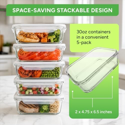 PrepNaturals 5 Pack 30oz Glass Meal Prep Containers - 1 Compartment