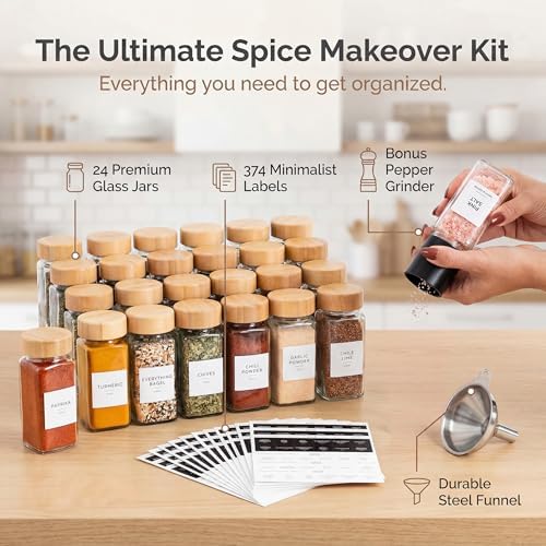 Glass Spice Jars with Label, 24PK Bamboo Jar Spices Set 4oz, 374 Spice Labels, Pepper Grinder, Empty Herb Seasoning Containers, Funnel and Shaker Lids