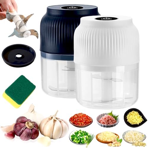300ml Capacity Electric Garlic Chopper, Mini Portable Veggie Cutter, 4 Sharp Stainless Steel Blades Mini Electric Food Chopper, Compact Size, Easy to Clean, One-Touch Operation (2pcs) by Dododox