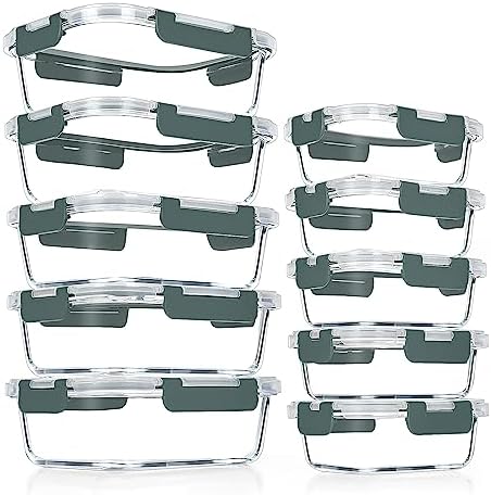 10 PACK Glass Meal Prep Containers Set with Lids, Grey