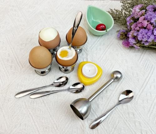 10 Pcs Egg Cups for Soft Boiled Eggs, Egg Cracker Topper Set for Raw Hard Boiled Eggs, 4X Egg Spoons, 4X Egg Cups, 1x Magnet Egg Piercer, 1x Stainless Steel Egg Topper Egg Guillotine
