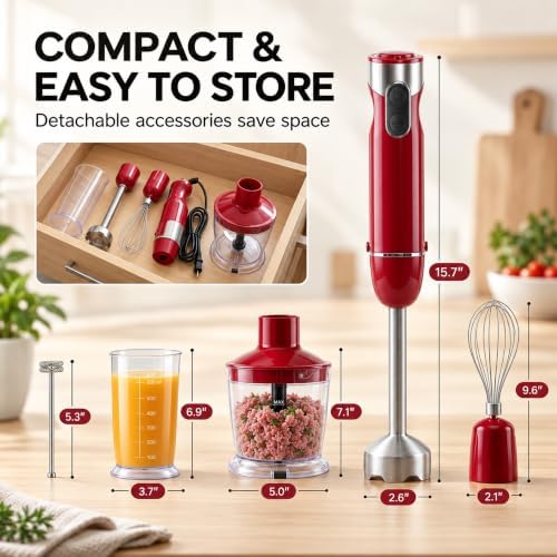 Immersion Blender, 800W 5-in-1 Hand Blender, Variable Speed, Red