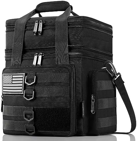 Tactical Lunch Box for Men, Large Insulated Lunch Bag for Adult, Heavy Duty Double Deck Expandable Lunch Cooler Bag with American Flag, Leakproof Soft Lunch Pail for Work Office Camping - Black