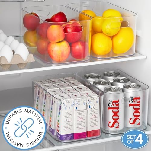 Bliss 10" x 6" Open Clear Pantry Organizer Bin, Set of 4, Plastic Containers with Handle for Kitchen, Fridge, Cabinet, Closet, Bathroom, Undersink Storage Made in USA