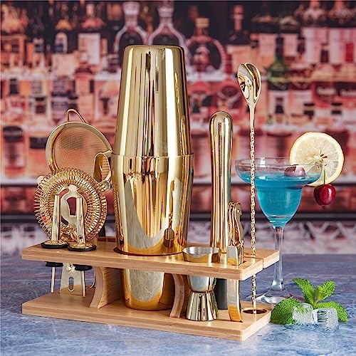 11-Pcs Cocktail Shaker Set Gold,Bartending Kit Stainless Steel Shakers 25oz Bar Kits for Bartender Mixing Set Barware Tool Sets for Professional Bartender and Home