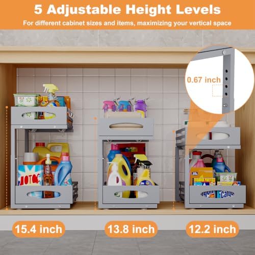 Under Sink Organizer, 2 Tier Under Sink Organizers and Storage, Adjustable Height, Slide out Metal Cabinet Organizers, Pull out Cabinet Storage Drawer Shelf for Kitchen Bathroom (Gray, 2 Pack)
