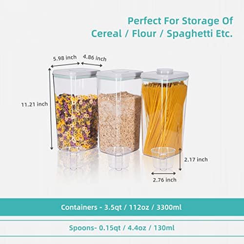 Airtight Pop Cereal Container, 3300ml Each Large Cereal Containers with Scoops Food Storage Canister Dispenser Perfect For Cereal Flour Spaghetti Rice Kitchen Organizing 3.5qt