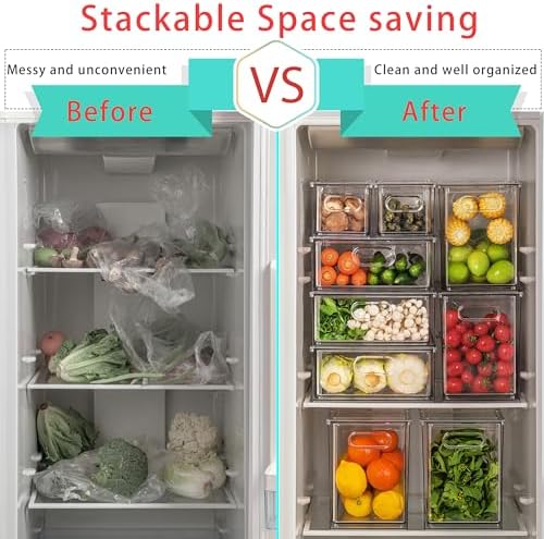 7Pack Clear Fridge Drawer Organizer Pull out Bins Stackable Refrigerator Organizer Bins with Handle for Kitchen Cabinet Organization Divided Produce Saver Container for Fruit Veggie Egg