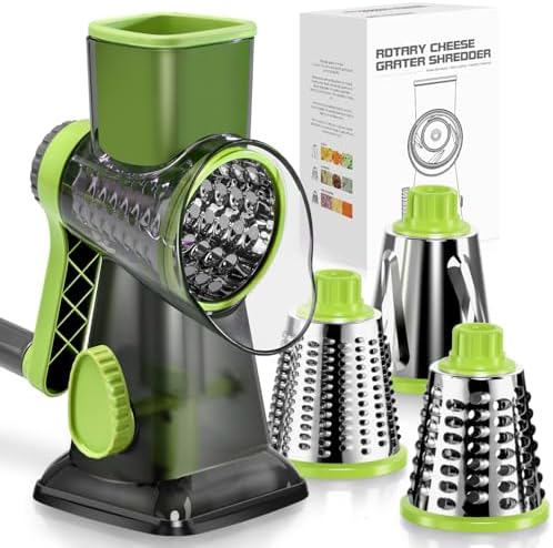 Badelite Cheese Grater Hand Crank Rotating Cheese Shredder Stainless Steel Vegetable Slicer Grater for Kitchen 3 Blades for Cheese, Carrot, Cucumber, Nuts, Chocolate, Green by Badelite