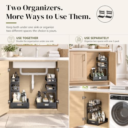 Under Sink Organizer 2 Pack, 3-Tier Pull Out Under Kitchen Sink Organizer, Bathroom Under Sink Storage Organizer with Solid Metal Shelves, Adjustable Height, 60 lb Capacity, Black