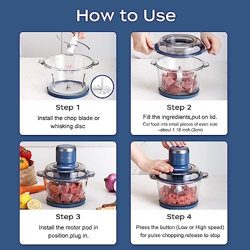 Electric Food Processor, 7-Cup Food Chopper Glass Bowl, Blue