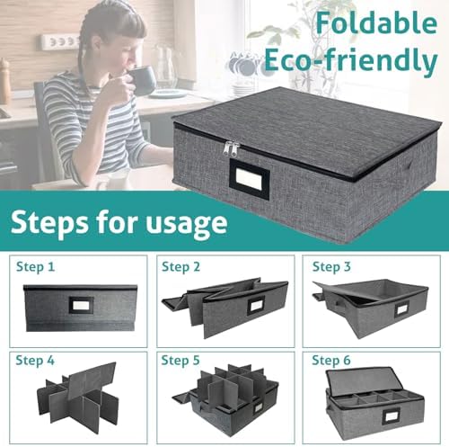 Mug and Cup Storage Box with Dividers, Coffee Mug Storage Case China Storage Containers Hard Shell with Lid and Handles, Stackable for 12 Coffee Mugs, Tea Cups, Moving & Packing (Dark Grey)