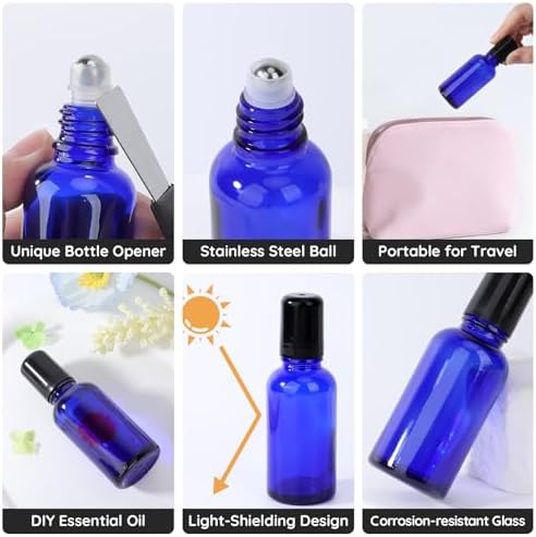Segbeauty 1oz Glass Essential Oil Roller Bottles Rollerball Applicator, 5pcs 30ml Roll On Bottles, Refillable Anointing Oil Bottle, Blue Perfume Bottle Empty, Travel Size Containers for Oils Liquids - Image 2