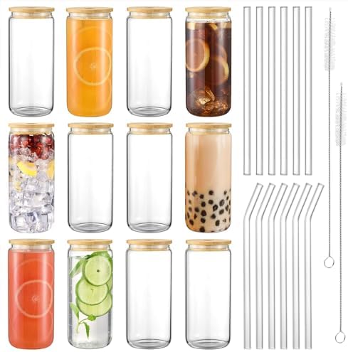 12PCS 20oz Glass Cups with Lids and Straws, 2 Cleaning Brushe