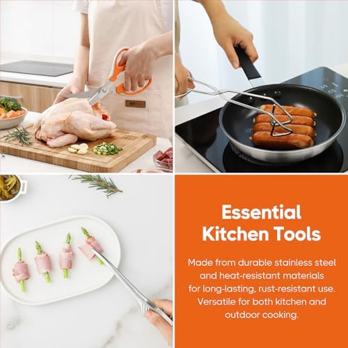 Korean BBQ Kitchen Shears and Tongs Set | Multi-Purpose Kitchen Scissors, Tweezers, Scissor-Tongs for Cooking Chicken Meat Salad Barbecue Herb | Stainless Steel Comfort Handle Dishwasher Safe