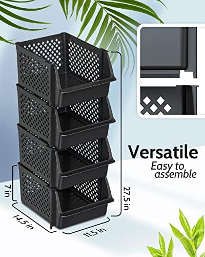 Stackable Storage Bins Open Front for Pantry Storage, 4 Pack - Black