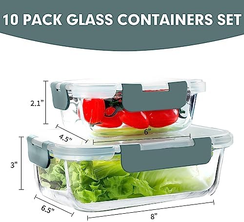10 PACK Glass Meal Prep Containers Set with Lids, Grey