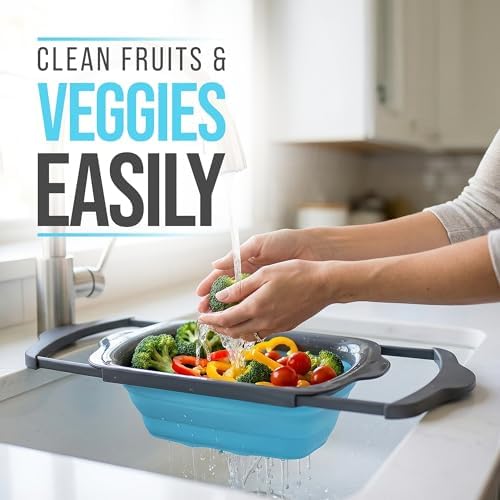 Blue XL Collapsible Silicone Over Sink Colander – 6 Quart