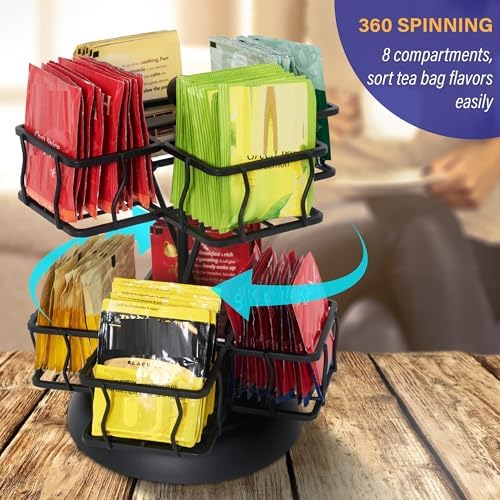 Tea Bag Storage and Organizer, Tea Bag Holder Black Powder Coated Stainless Steel for Tea and Coffee Box. Organize 100 Tea Bags- Tea Holder For Tea Bags 8 Compartments with 12 Bags in Each.