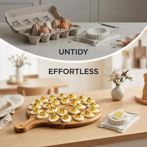 2 Pcs Quality Acacia Wood Egg Holders with Slicers, Sturdy 24 Holes Wooden Deviled Egg Platter with Handle for Refrigerator, Kitchen Counter, Gatherings, Camping & Picnic