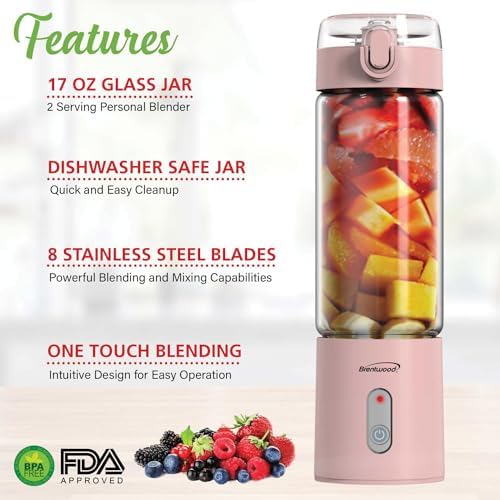 Brentwood 50-Watt 17-Oz. Portable Battery-Operated USB-Chargeable Glass Blender (Pink) - Image 4