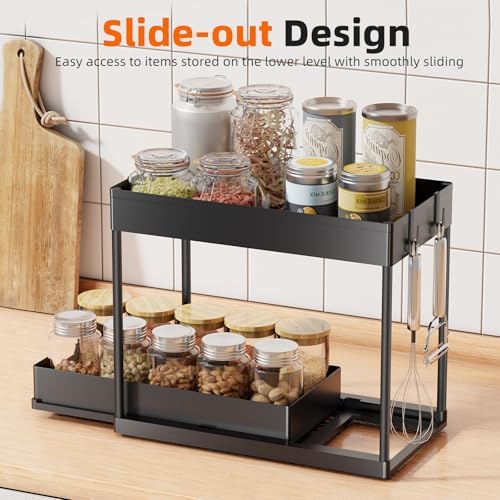 Under Sink Organizer 2 Pack, Sink Pull-Out Sliding Storage Cabinet, 2-Tier Under Shelf Organizer for Kitchen Bathroom, Black
