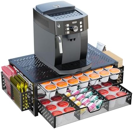 Coffee Pod Holder for K Cups, with 2 Tier Slidng Storage Drawer and Coffee Accessories Holder, 63 Large or 80 Small Capsule Organizer, Black