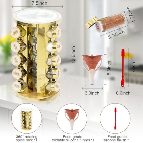360-Rotating Kitchen countertop Stainless Steel Spice Rack, Apricot Leaf Appearance Pattern, Equipped with 20 Food Grade Glass cans (Gold + White, Five Floors of 20 Spice cans)