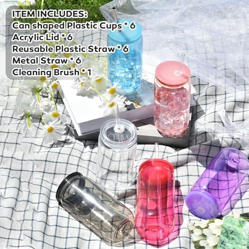 16oz Plastic Mason Jars, 6Pack Clear Mason Drinking Acrylic Cups with Lids and Stainless Steel Straws Iced Coffee Cups Shatterproof Unbreakable Tumblers for Smoothies, Beer, Coffee, Milk Tea, Colored