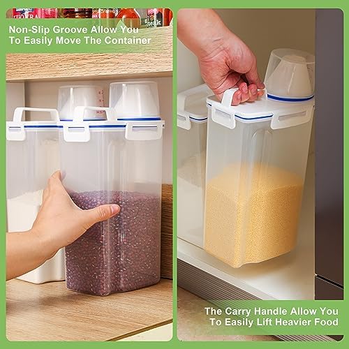 2 Pcs 5.5Lbs Rice Storage Container, Rice Container with Measuring Cup & Pour Spout, Kitchen Plastic Airtight Container for Cereal, Grain, Flour, Sugar, Oatmeal, Dry Pet Dog Food