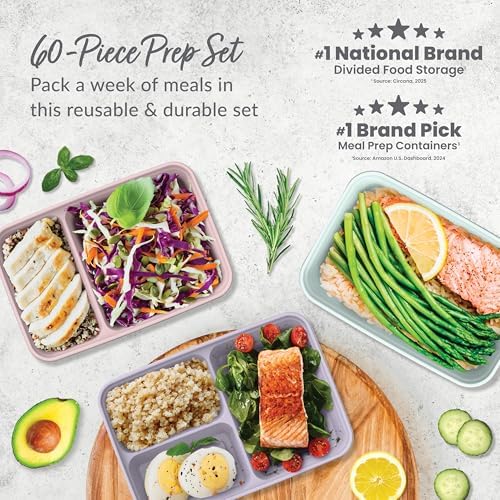 Prep Meal Prep Kit, 1, 2 & 3-Compartment Containers, 60 Piece Set
