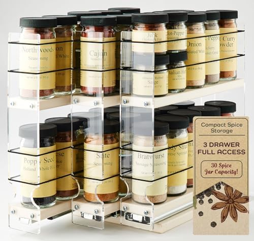 Cabinet Mounted Spice Rack Drawer - Pull Out Cabinet Organizer - Cupboard Organizers & Storage - Pantry Shelves - 30 Reg. Jars, 3 Drawers, 2 Tiers (6.9" W x 10.75" H x 10.6" D, Cream)