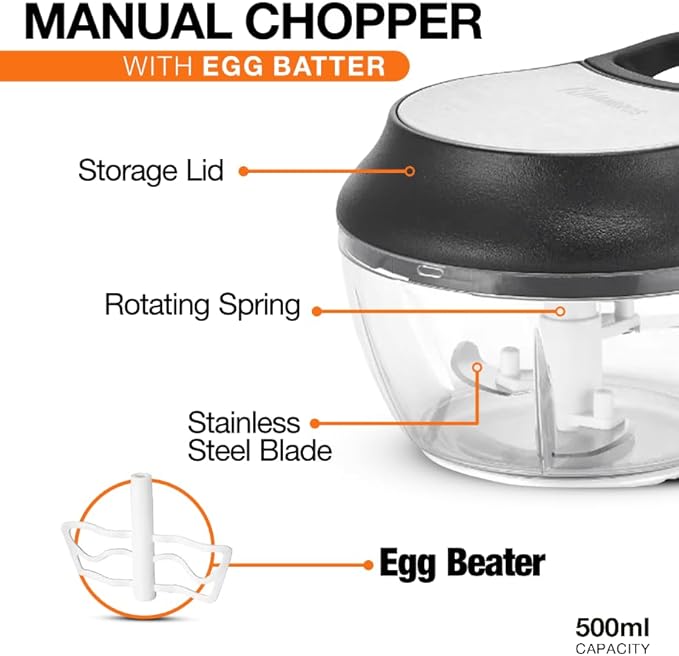 Manual Food Processor Vegetable Chopper, Portable Hand Pull String Garlic Mincer Onion Cutter for Veggies, Ginger, Fruits, Nuts, Herbs, etc., 2 Cup With Egg Batter and Garlic Peeler, W1031-1