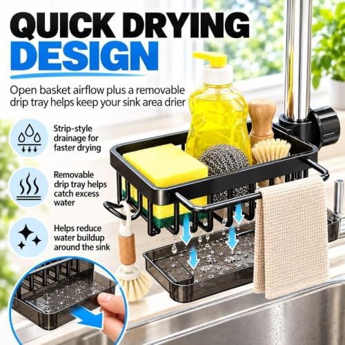 Faucet Drainer Basket, Kitchen Sink Faucet Organizer with Drip Tray, Sponge Holder and Dish Brush Holder, Quick Drying Hanging Caddy with Hook for Soap, Scrubbers, Kitchen & Bathroom(Black-B)