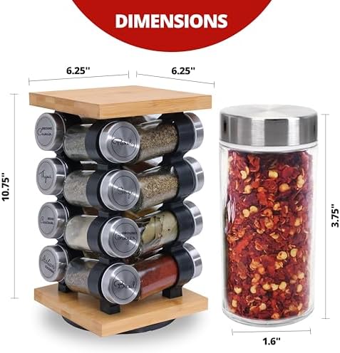 16 Jar Rotating Bamboo Spice Rack with Spices Included & 5-Year Spice Refill Program – Compact Countertop Spice Rack with Glass Jars
