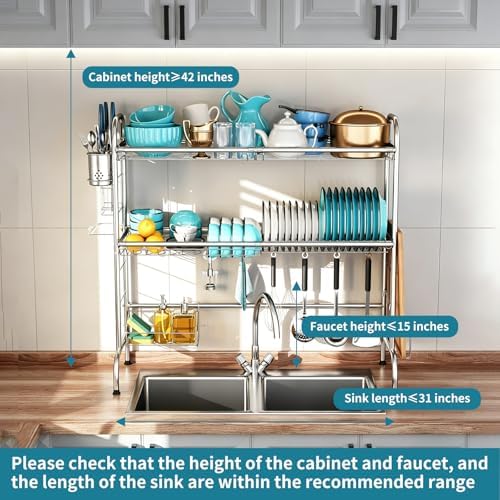Stainless Steel 2-Tier Over The Sink Dish Drying Rack with Utensil Holder, Large, for Kitchen Counter