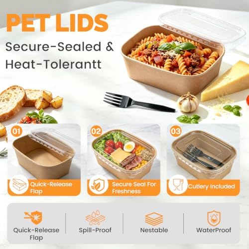 50 Pack 29oz Large Disposable Meal Prep Containers With Lids and Forks, Leak-Proof, Freezer & Microwave Safe Take Out Containers, Sturdy Disposable Kraft Bowls For Salad, Noodles & Meal Prep