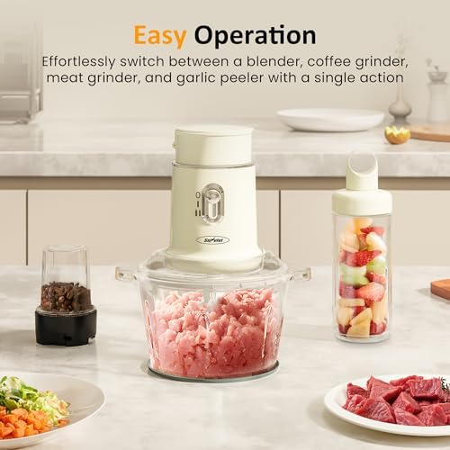 4-in-1 Electric Food Chopper & Small Food Processor, Meat Grinder, Garlic Peeler & Juicer, 2-Speed Mini Food Processor with 1.5L Glass Bowl and 2 Cups (0.4L+0.2L), Beige