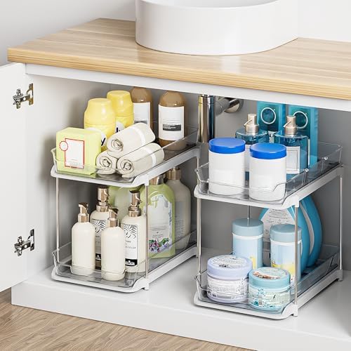 2-Tier Multi-Purpose Bathroom Under Sink Organizers and Storage, Stackable Kitchen Pantry Organization, Pull Out Medicine Cabinet Organizer with Movable Dividers, White, 4Pack