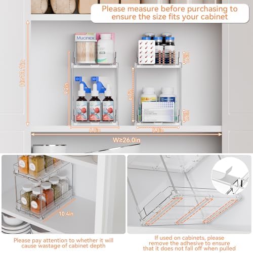 4 Set Bathroom Organizers and Storage,2 Tier Clear Under Sink Organizer and Medicine Cabinet Organizer for Kitchen,Pantry Storage,Pull Out Drawers for Skincare,Pill Bottle,Spice Organization