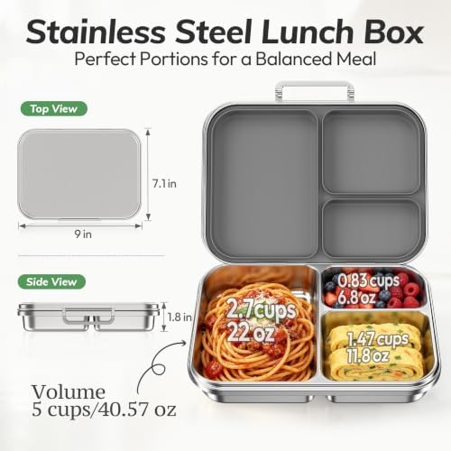 Stainless Steel Bento Lunch Box for Kids and Adults,3 Compartment Meal Lunch Box with Detachable Silicone Lid,Leak-Resistant Food Container with Snack Cup for School,BPA-Free(Grey)