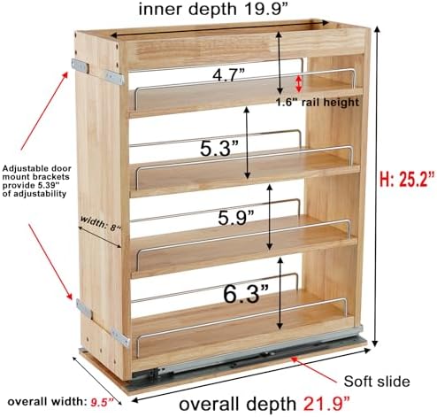 Pull Out Spice Rack Cabinet Organizer, (8" W x 21.9" D x 25.2" H) Multi-Use Soild Wood Pull Out Cabinet Organizer Slide Out Shelf Sliding Base Cabinet Storage Organization