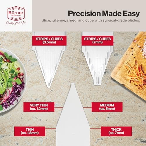 Swissmar Börner VPower V-Slicer Mandoline – Professional Kitchen Tool with Adjustable Thickness – Precision Food Slicer for Vegetables, Julienne, Shredding – Includes Safety Holder & Inserts - White - Image 3