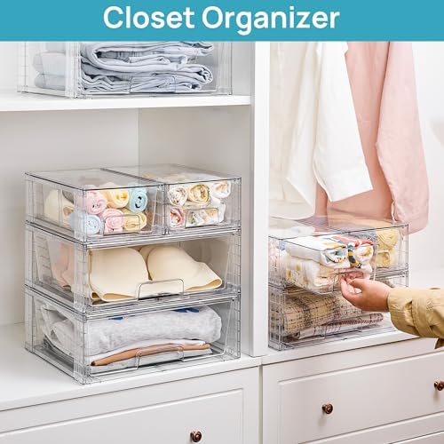 Clear Stackable Storage Drawers, 3 Pack Wide Organizer Set