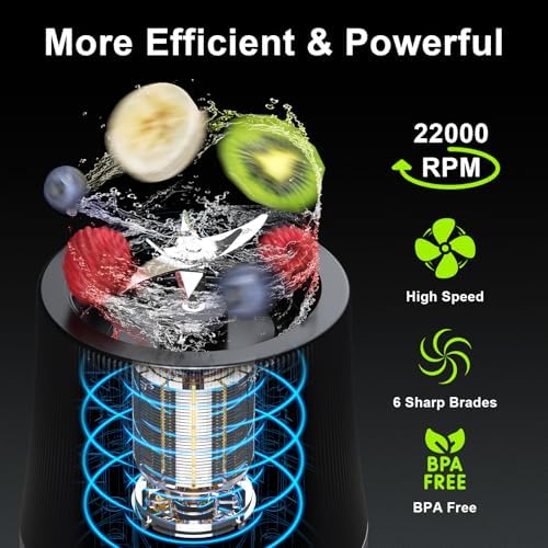 Portable Blender for Smoothies & Shakes, 17oz Personal Blender with 6 Stainless Steel Blades, USB-C Rechargeable, LED Display, Compact Travel Juicer with Extra Lid for Gym, Office & On-the-Go, Black - Image 2
